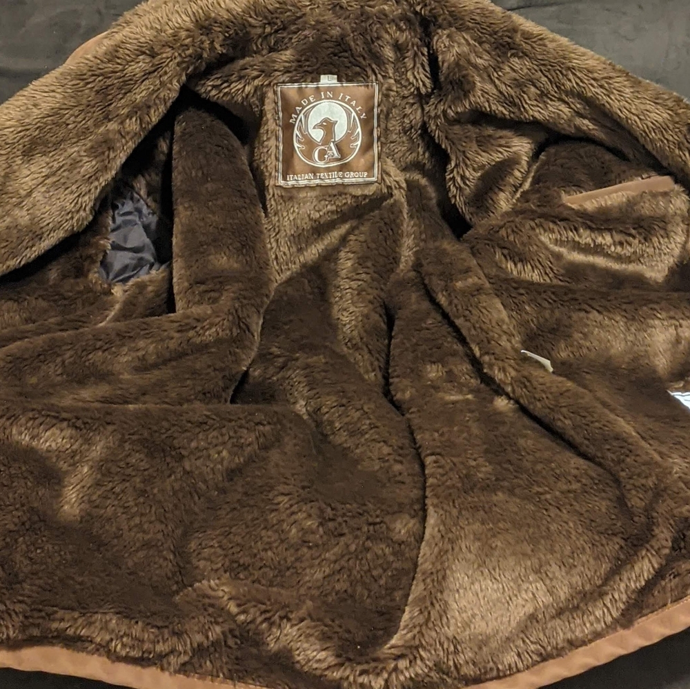Vintage GA Italian Textile Suede Shearling Pea Coat L XL Brown Trench Italy